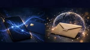 A smartphone and bank card contrast with a cash pickup envelope at a transfer counter.