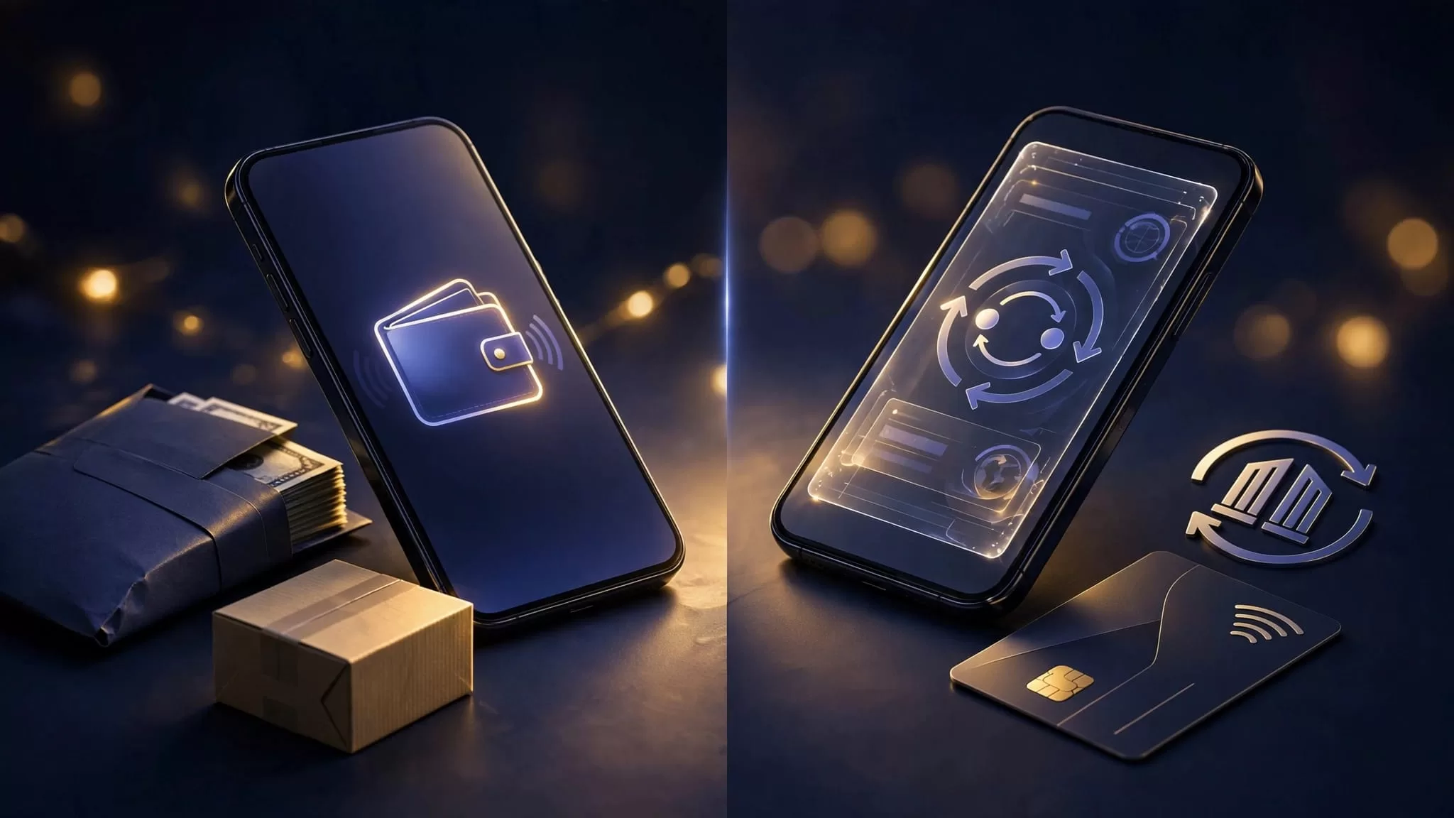 Split-screen smartphones sit beside cash pickup, wallet, package, card, exchange, and bank transfer symbols.