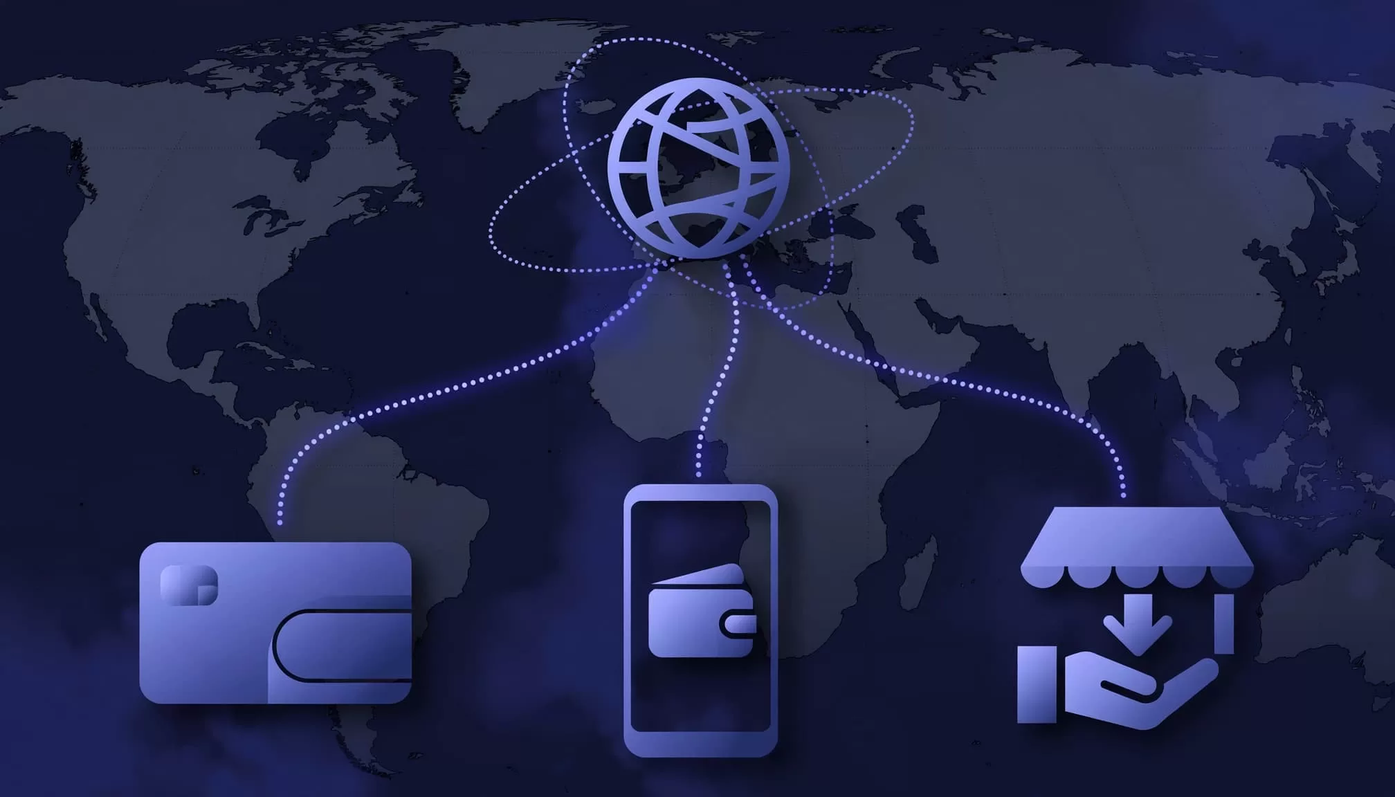 World map with routes linking a bank, cash pickup, and mobile wallet.
