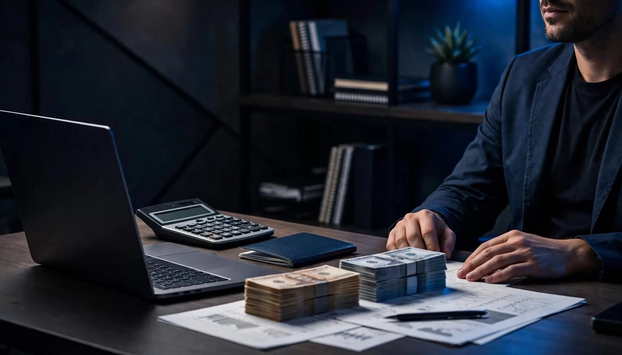 A laptop, calculator, passport, and two currency stacks on a desk beside one seated person.