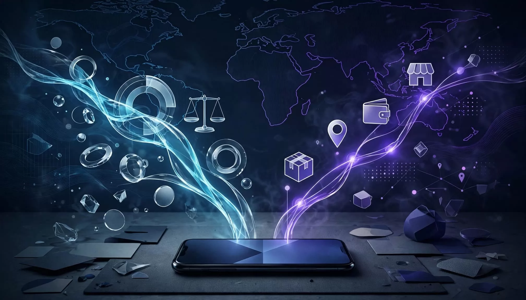 A smartphone between two money transfer paths with currency symbols and map shapes.