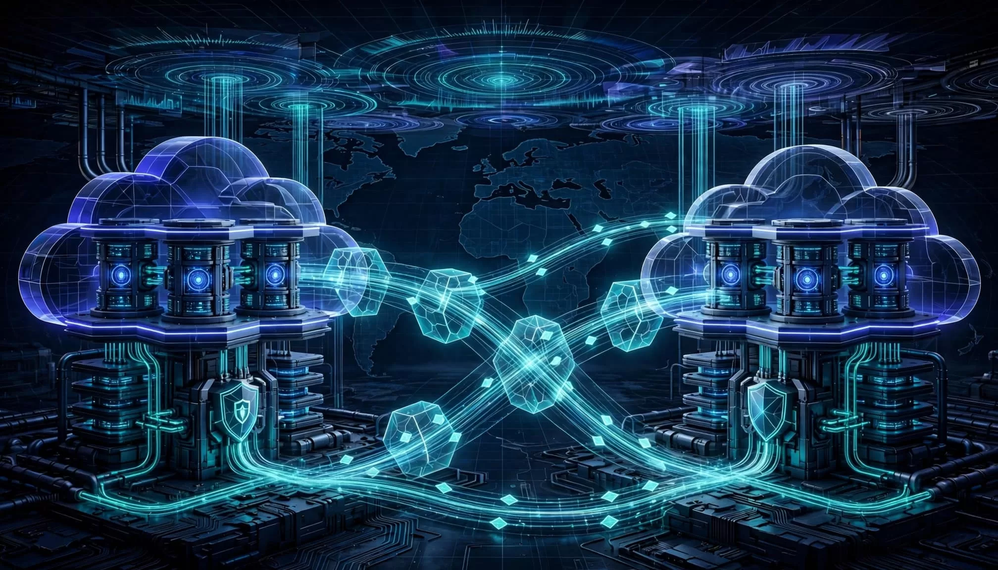Two cloud regions connect replicated databases with encrypted traffic, backups, and monitoring.