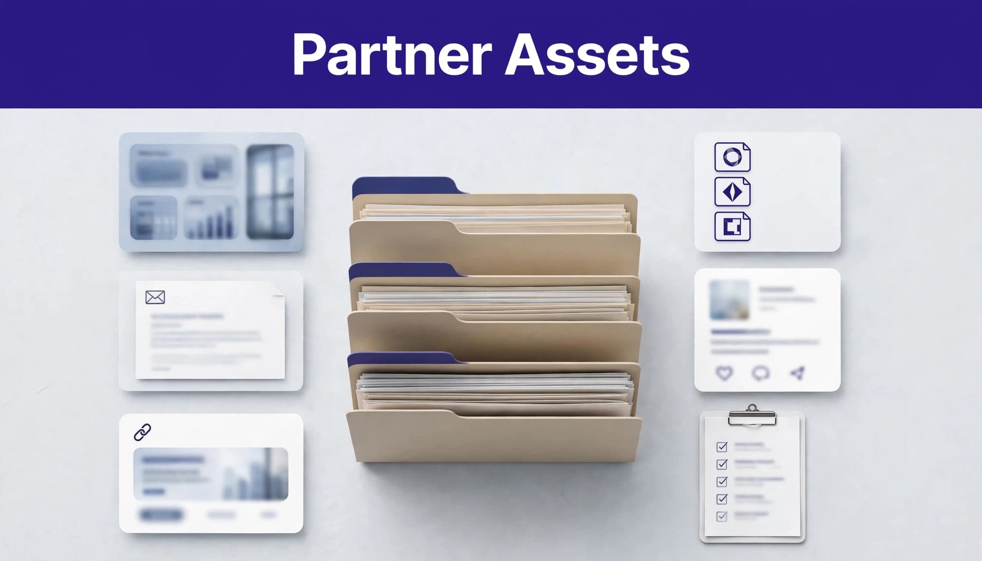 Organized partner assets surround a central folder system under an indigo Partner Assets header.
