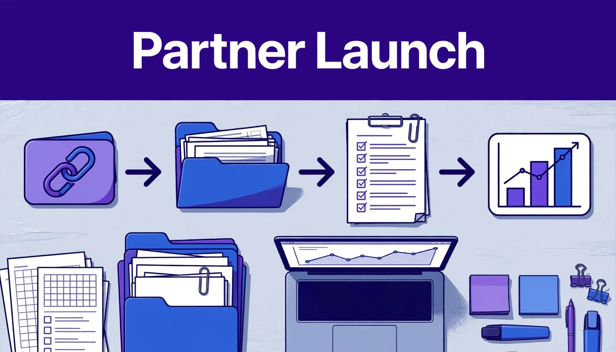 A SaaS partner workflow connects a referral link, shared assets, campaign brief, and results chart.