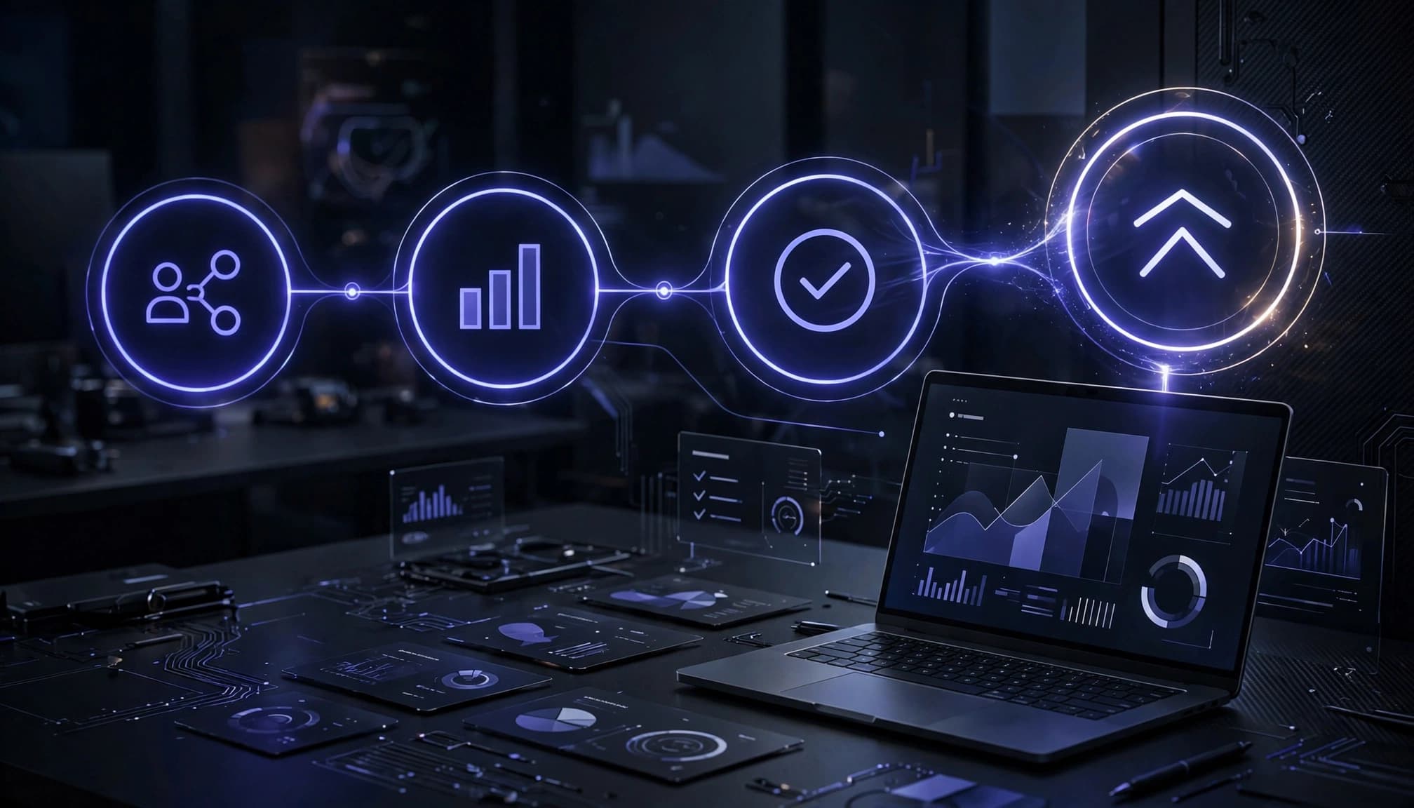 Laptop showing an indigo partner upgrade workflow with connected checkpoints.