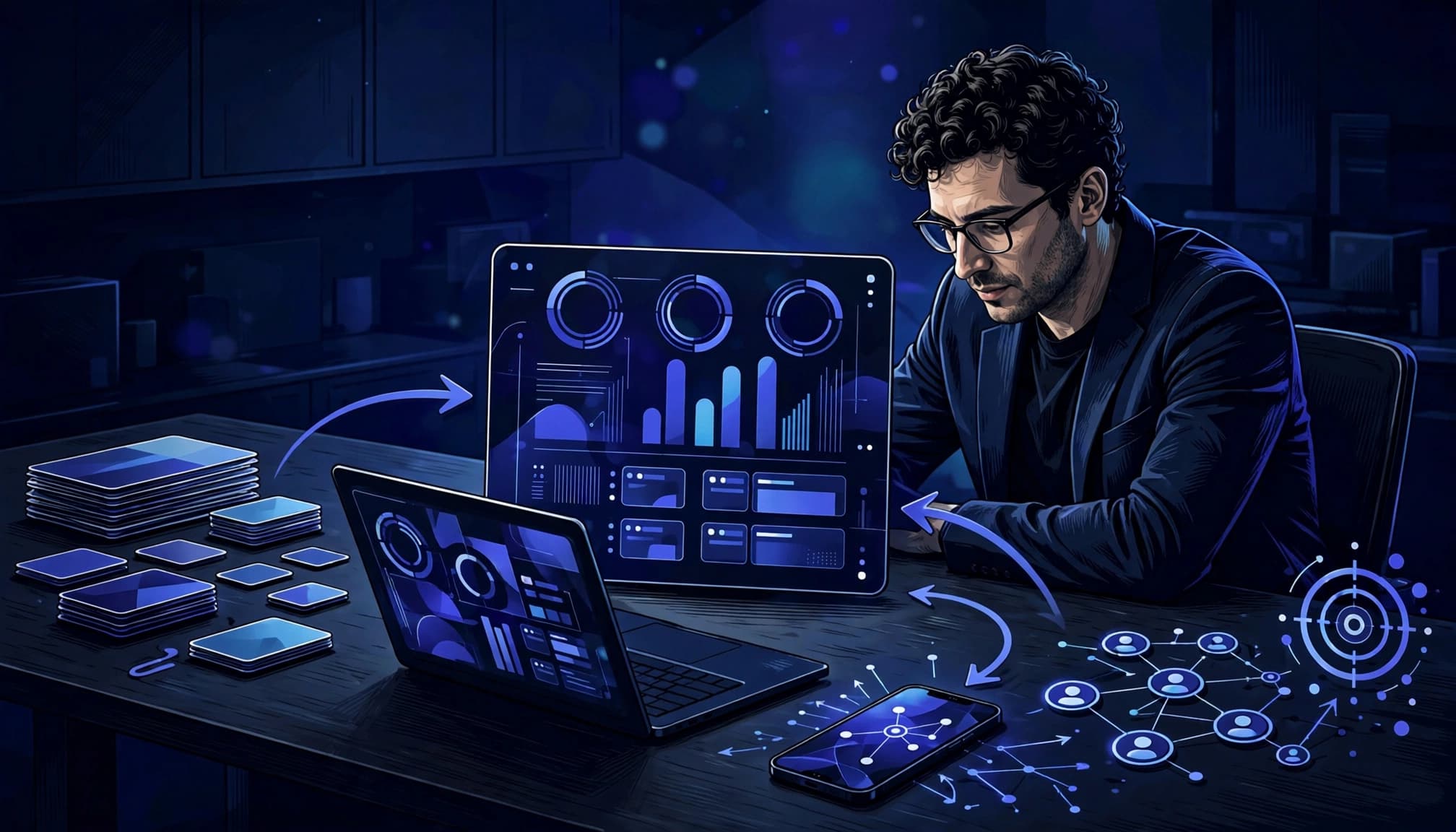 A founder arranges referral asset cards beside a laptop and phone with workflow arrows.