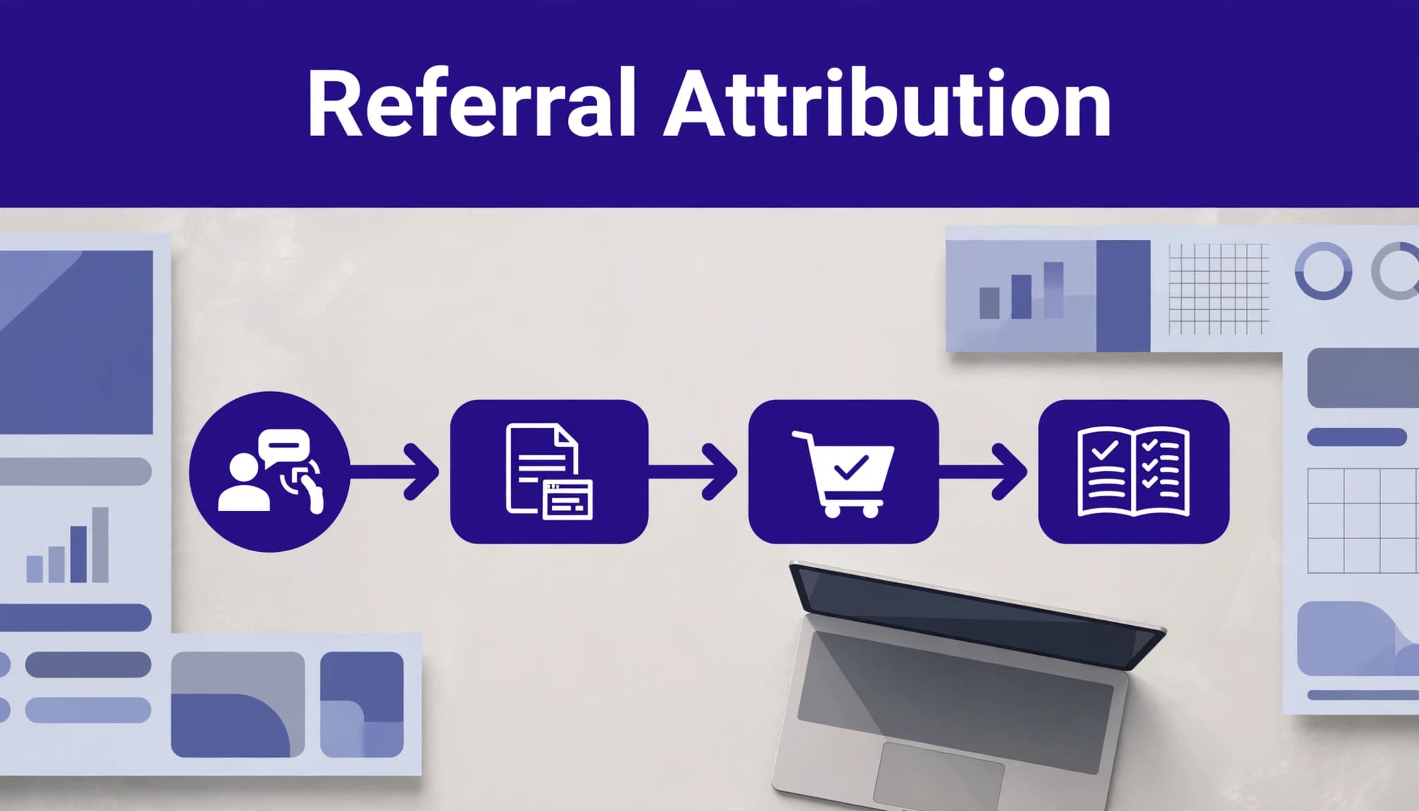 Diagram showing a referral moving from recommendation to landing page, checkout, and reward ledger.