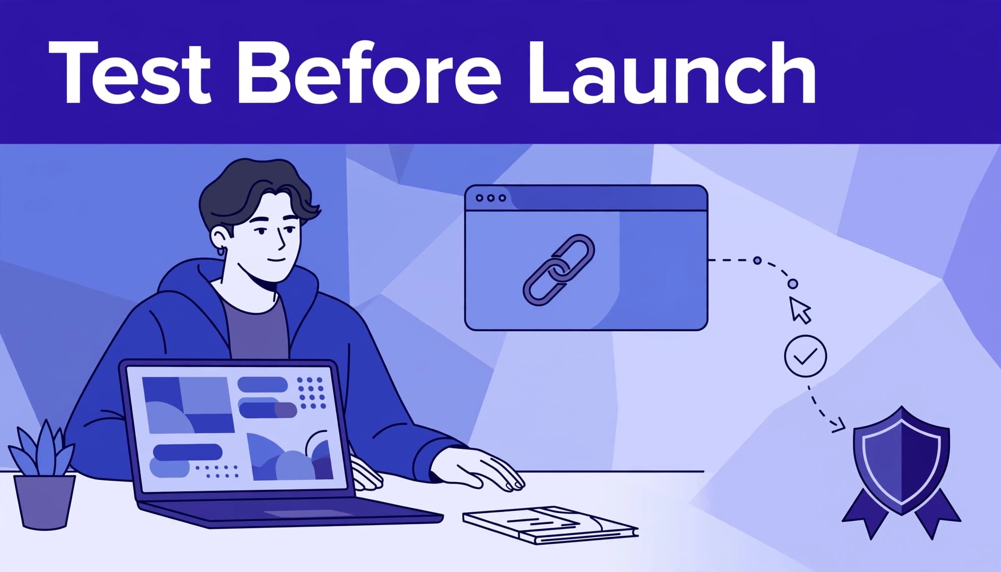 A marketer tests a referral link on a laptop beside a reward badge graphic.