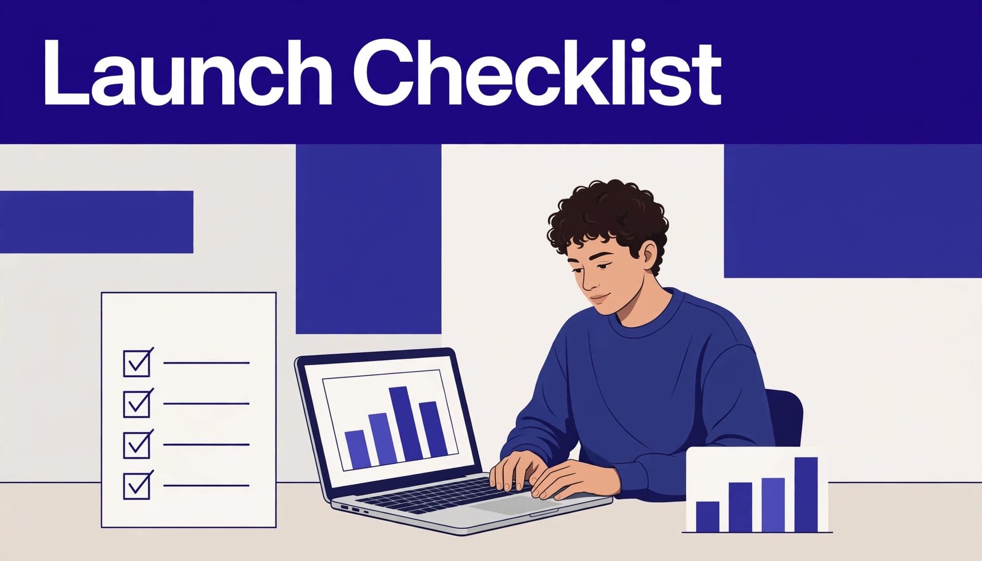 An operator sits beside a laptop, checklist, and analytics chart.