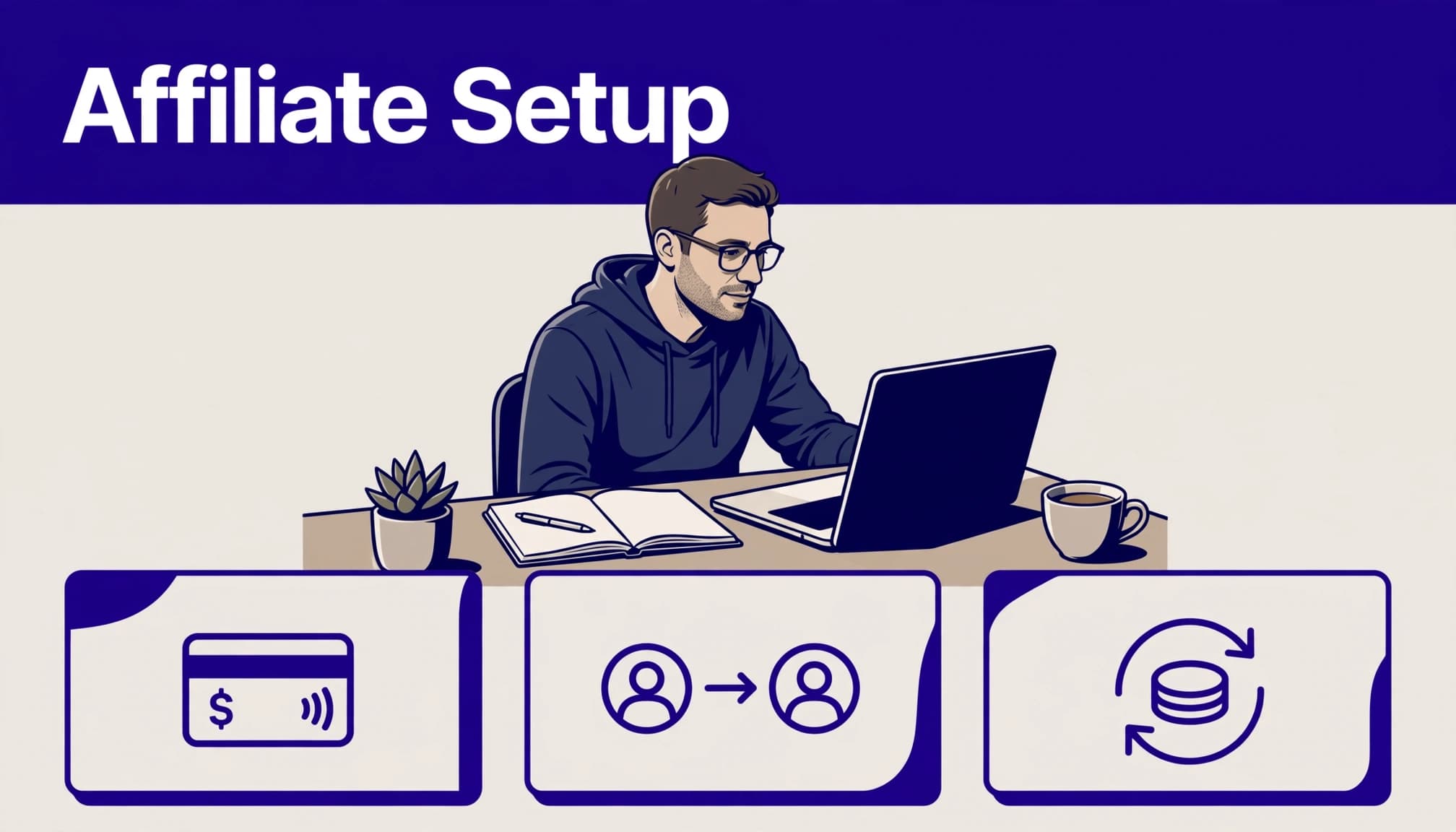 A founder configures an affiliate program on a laptop beside a notebook and coffee.