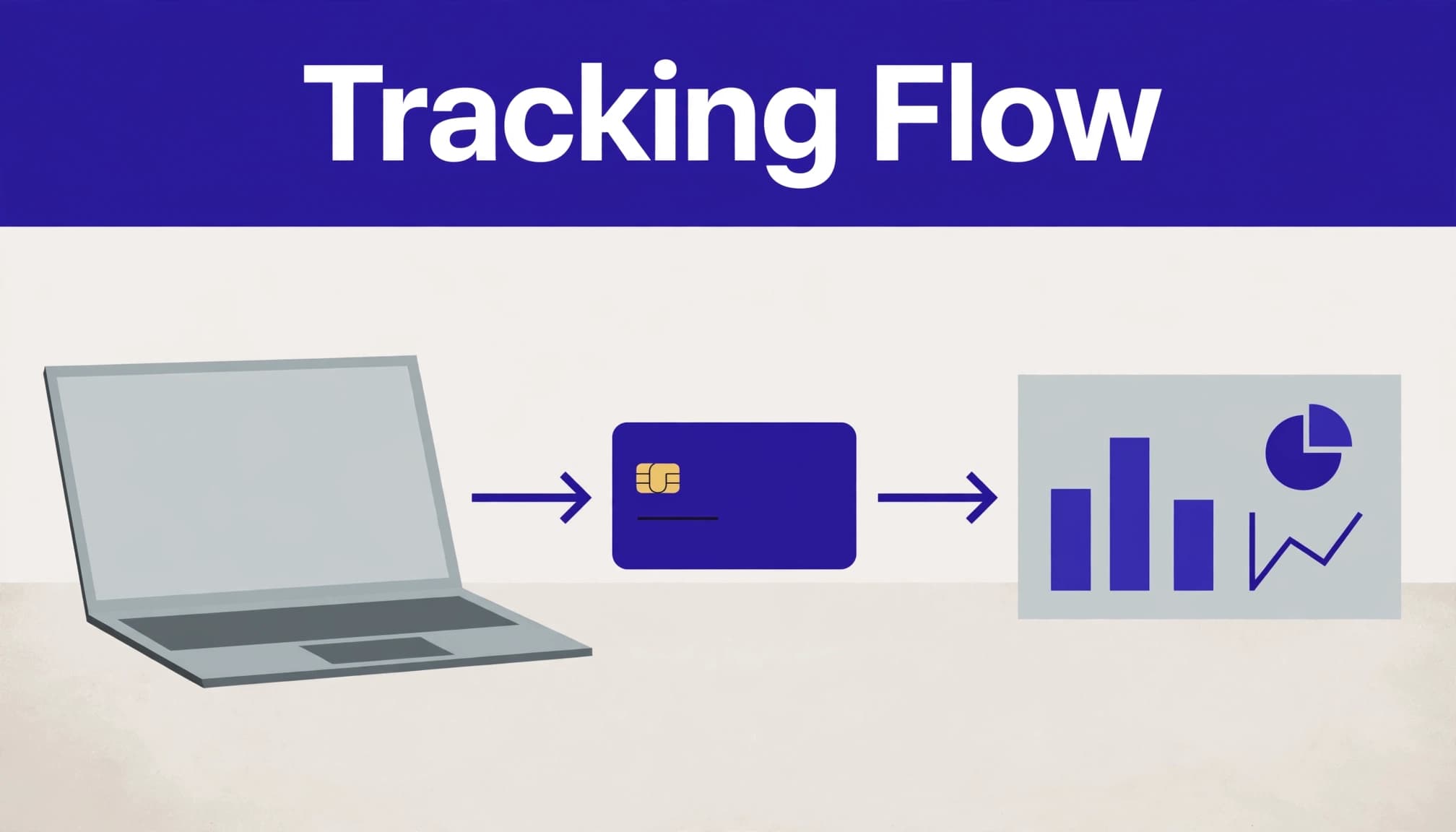 Laptop, payment card, and analytics panel linked by lines on a bright desk.