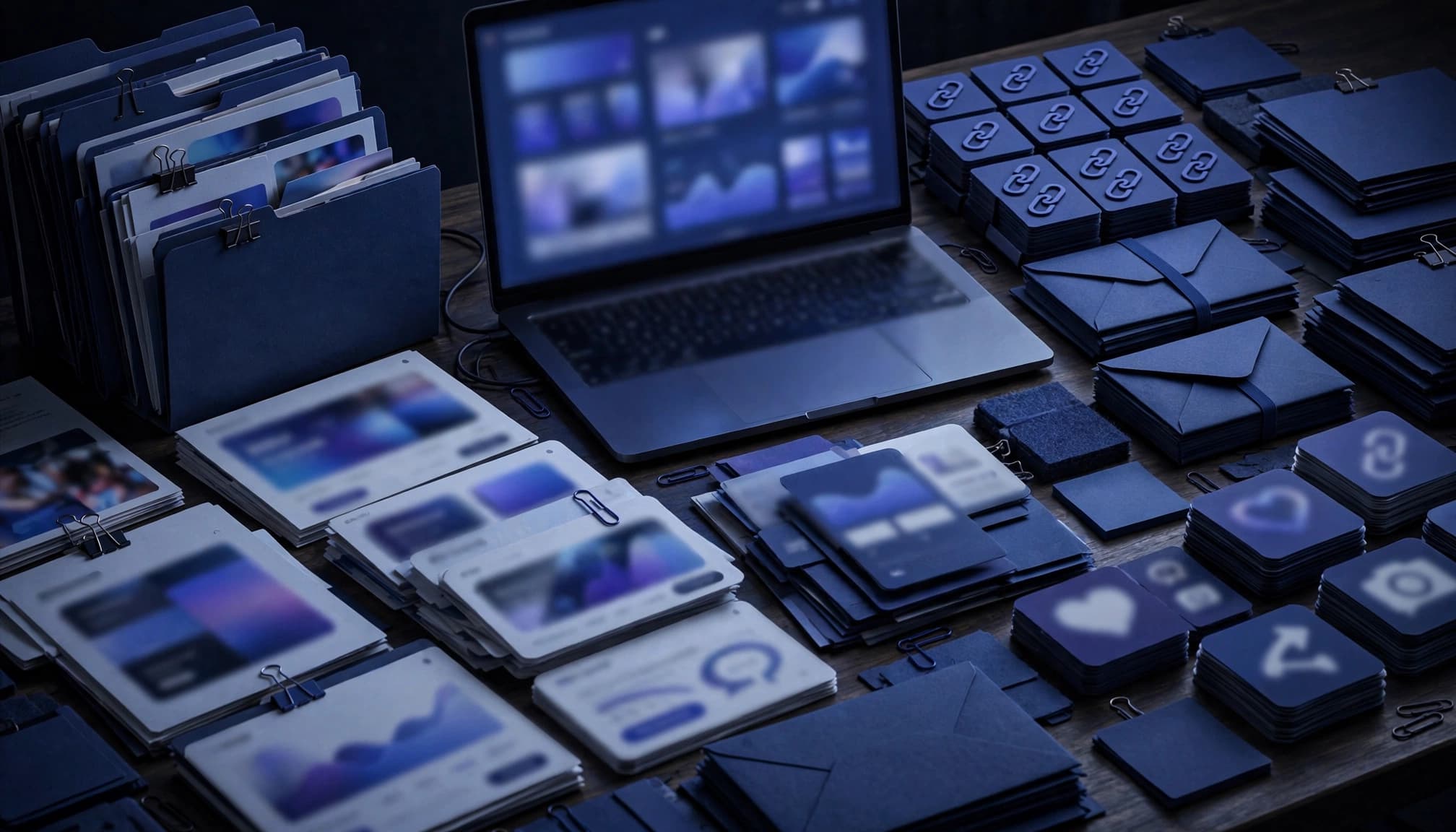 Laptop and asset cards arranged for a SaaS partner marketing campaign.