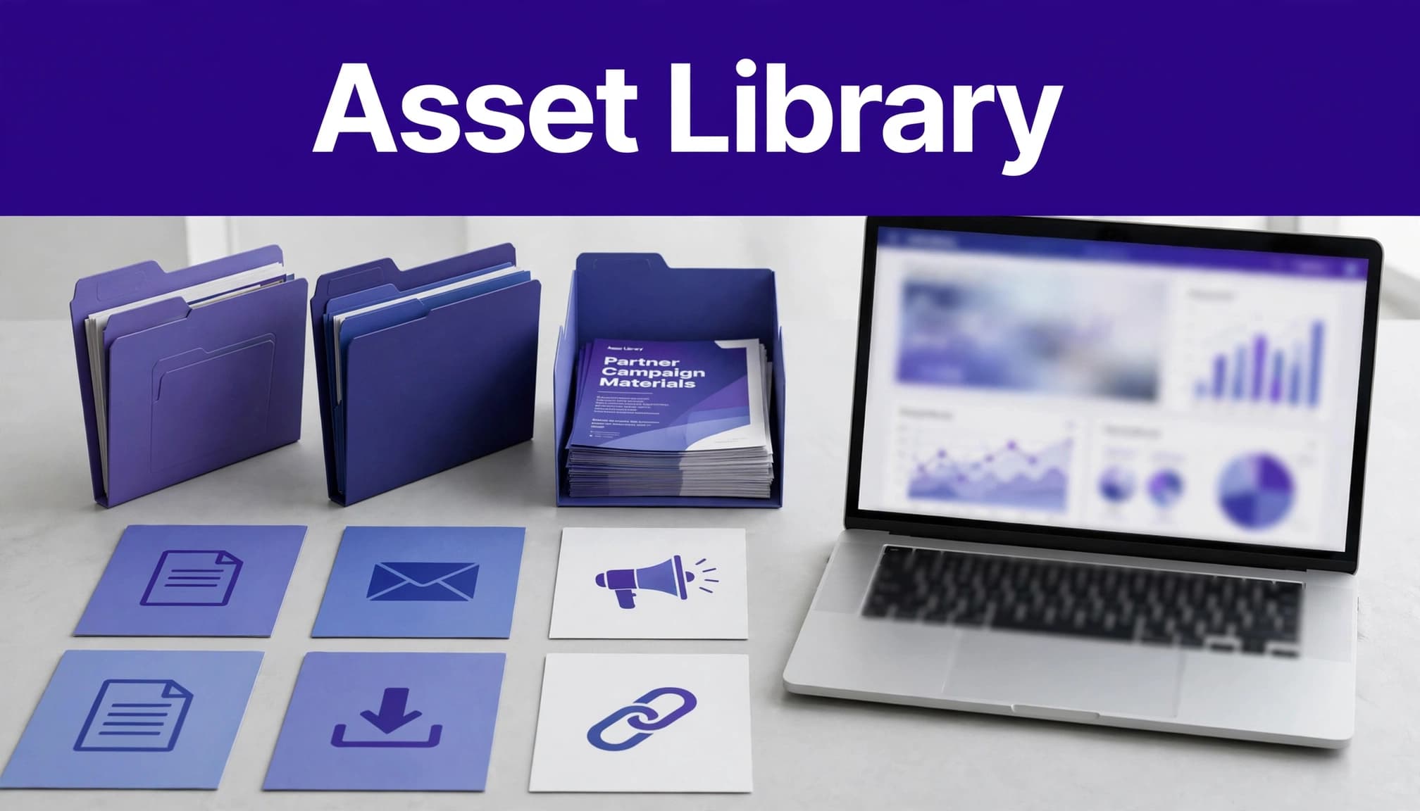 A laptop and organized digital asset cards arranged in a bright SaaS workspace.