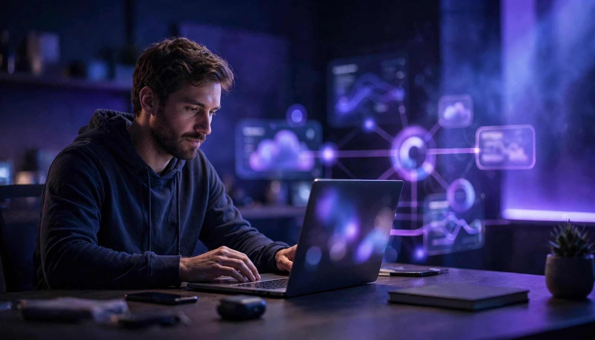A SaaS operator configures a referral workflow beside a laptop at a modern desk.