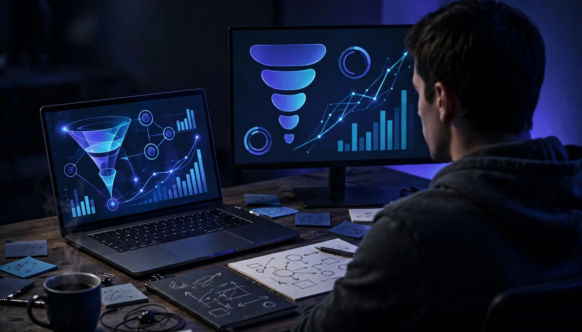 An affiliate manager reviews a referral workflow beside abstract conversion charts.