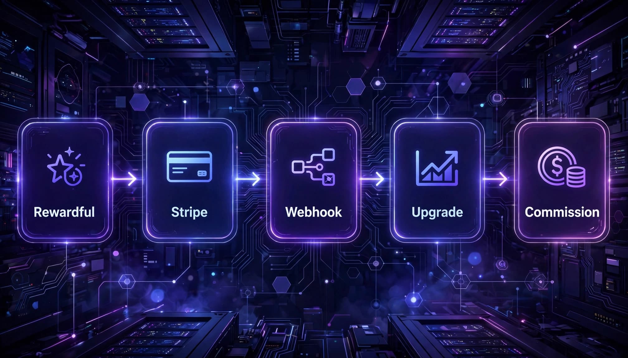 A five-node SaaS diagram showing an upgrade moving from Rewardful through Stripe to commission tracking.