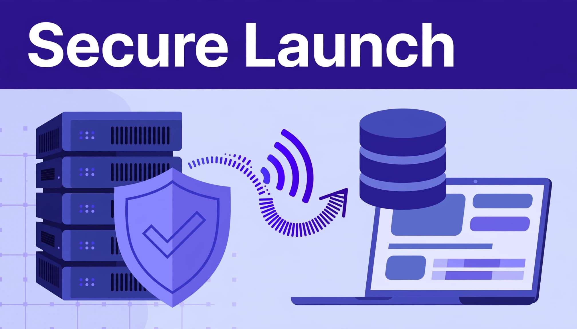 Server rack, shield, database, webhook pulse, and laptop beneath a blue Secure Launch banner.