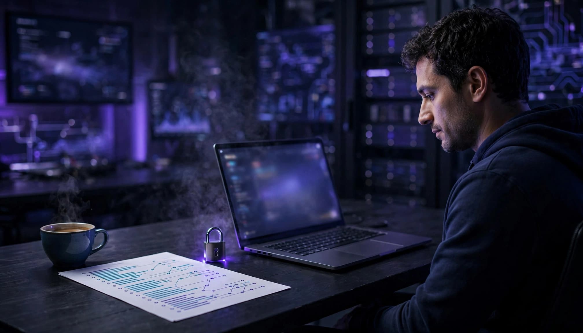 Developer reviewing a laptop beside a coffee cup, lock icon, and abstract audit records.