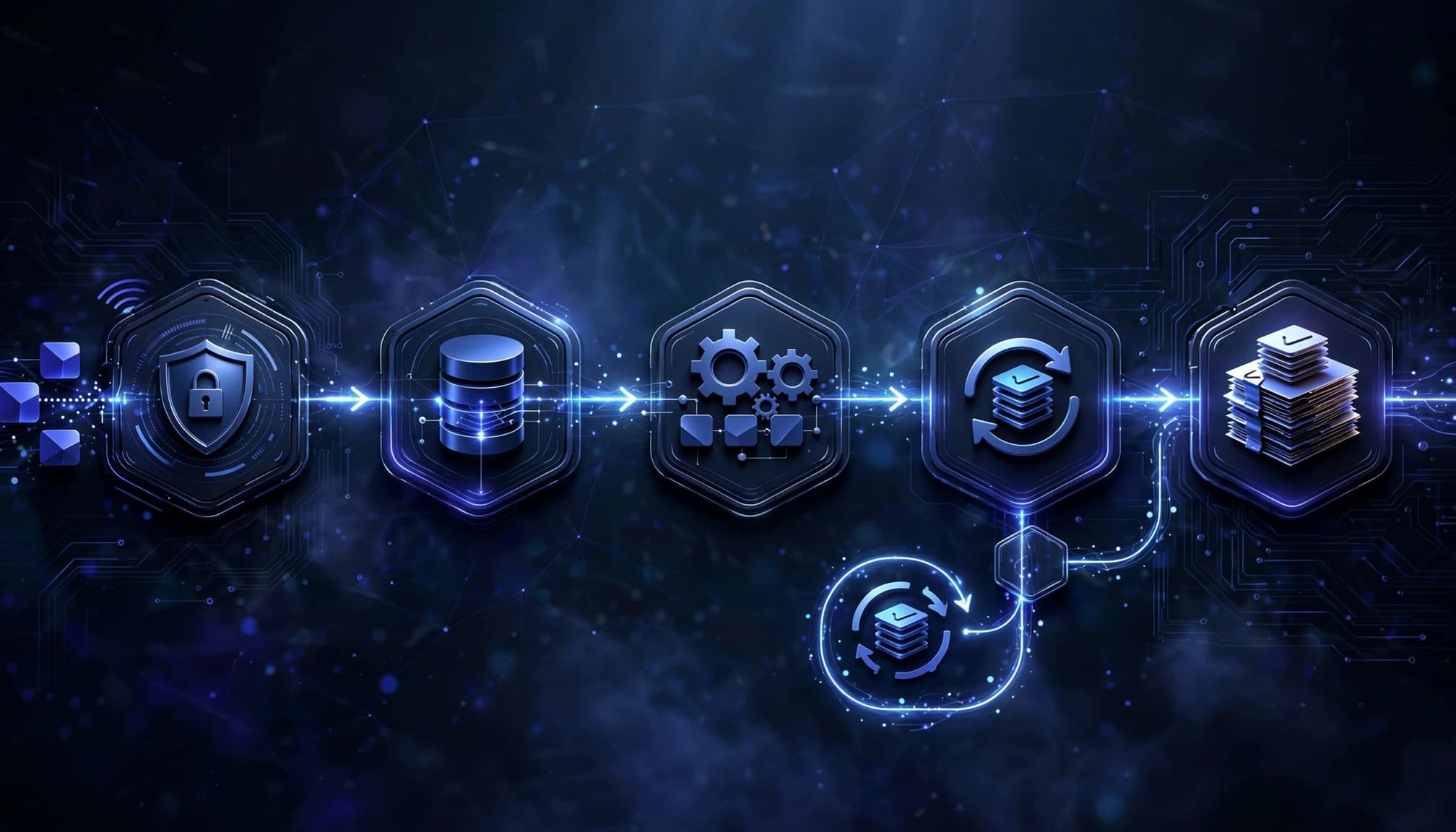 Abstract event cards pass through verification, storage, processing, retries, and an audit log.