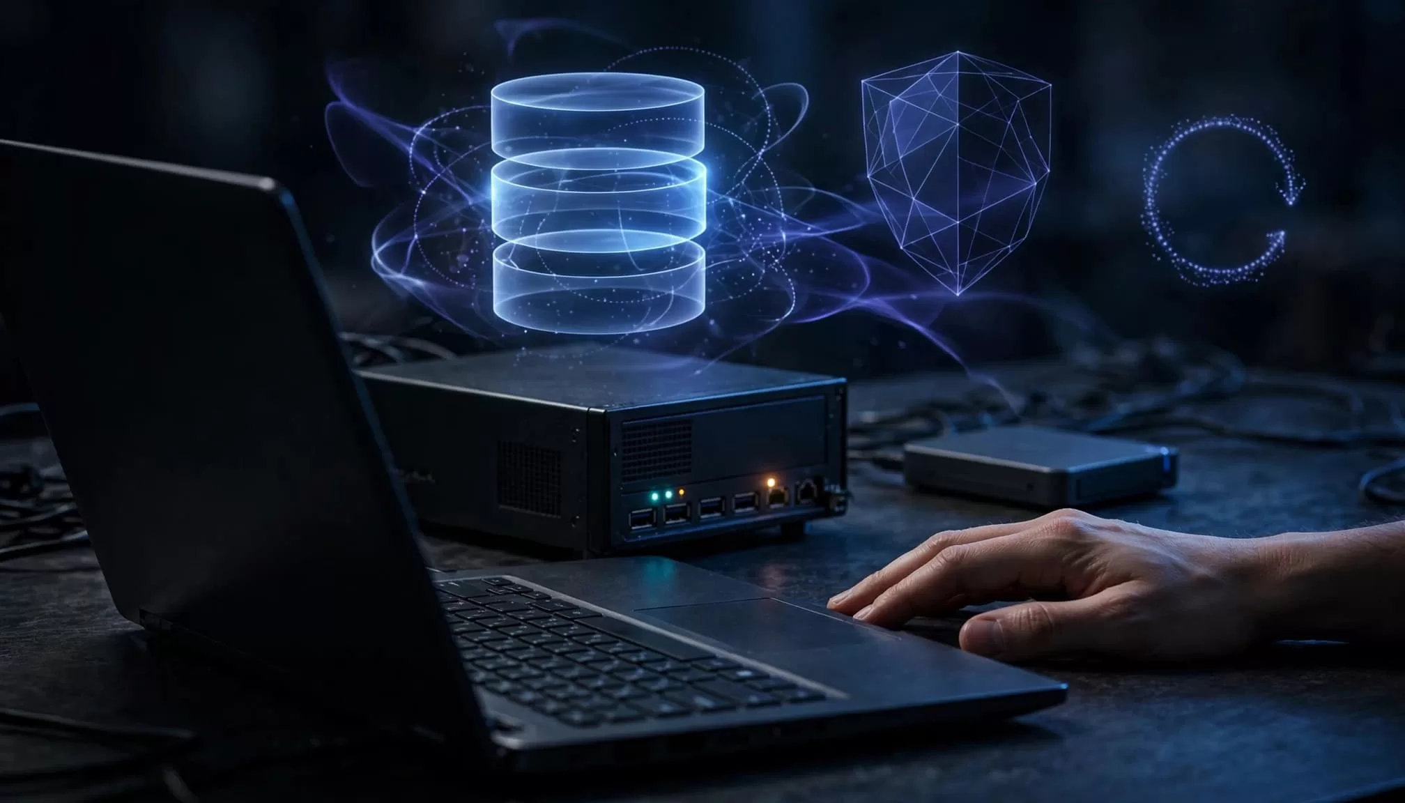 A hand beside a laptop, server appliance, and external backup drive on a dark desk.