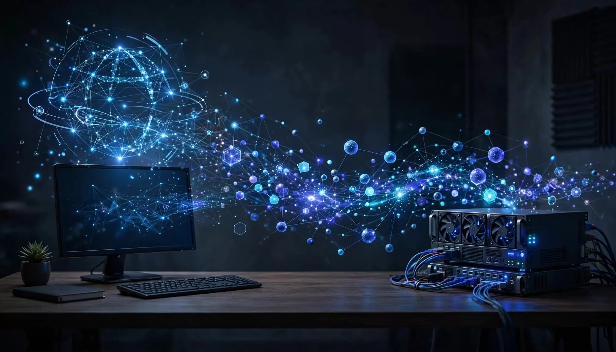 Compact server and monitor with glowing data nodes linking hosting to a website.