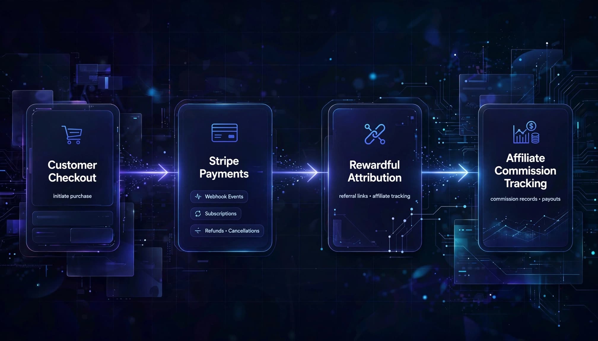 Diagram showing checkout, Stripe events, Rewardful attribution, and affiliate commissions.