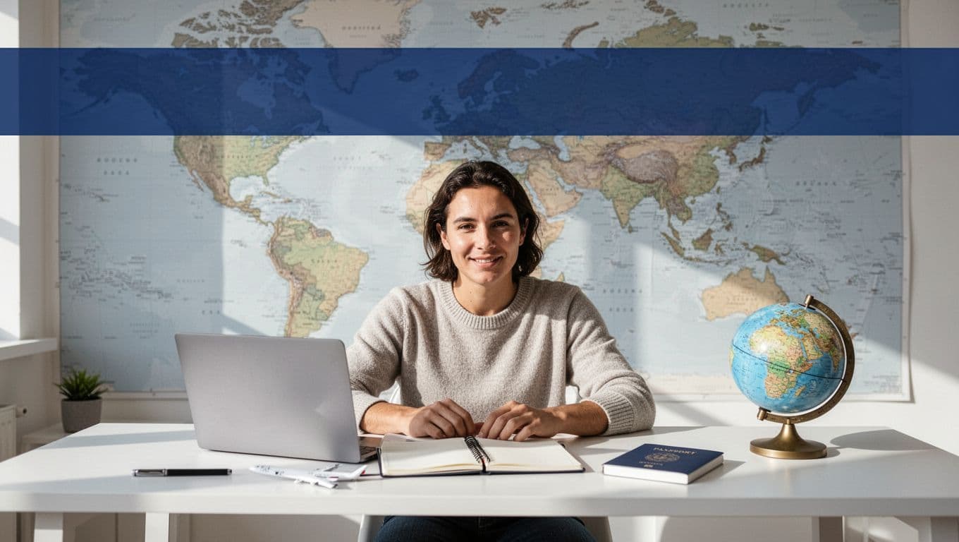 Travel creator working beside a laptop, passport, notebook, and globe.