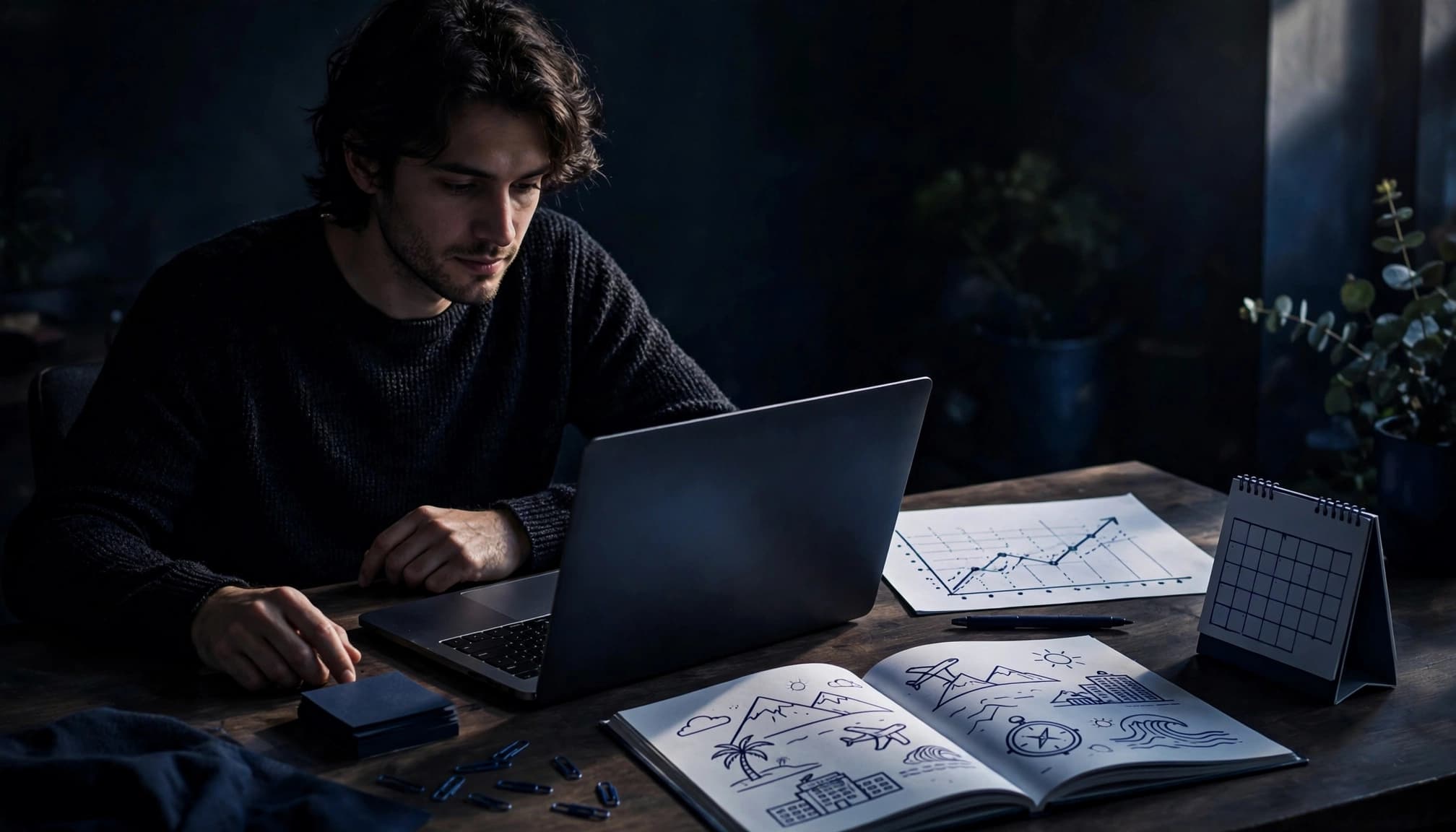 A marketer reviews travel performance on a laptop beside a guide and paper chart.