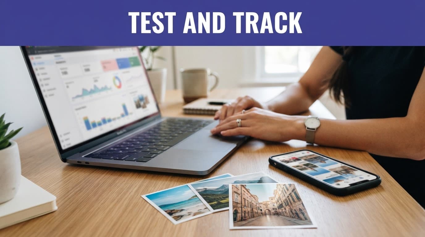 Laptop, smartphone, and travel photos arranged on a desk with one person in the background.
