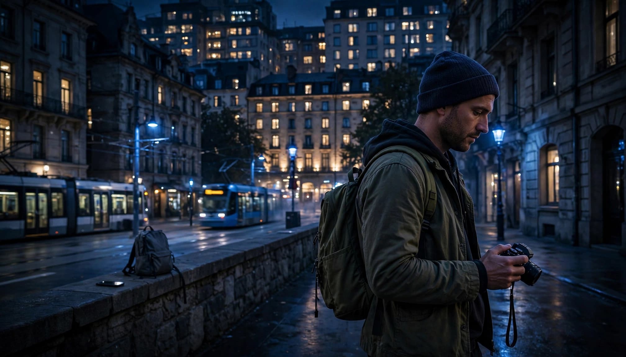 A travel blogger photographs a city street with a backpack and phone nearby.