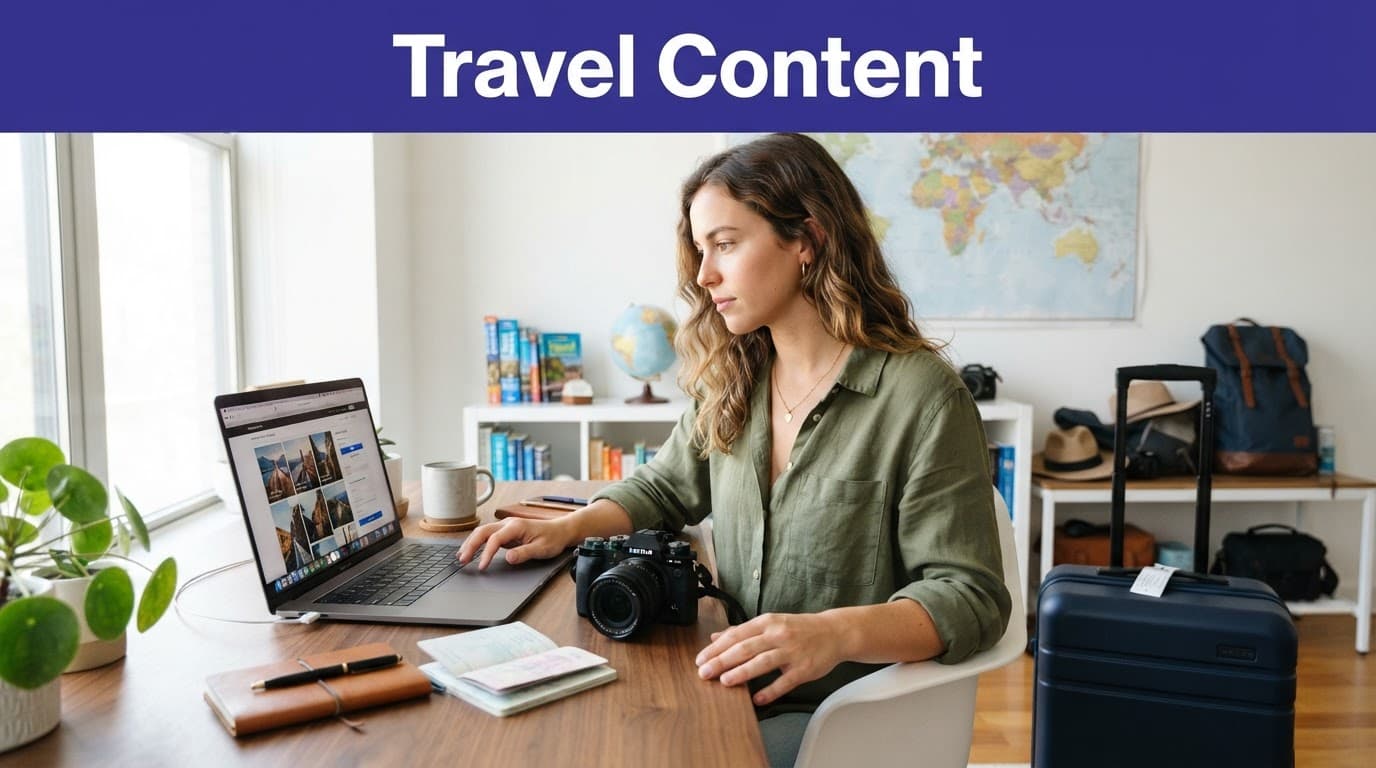 A travel creator works beside a laptop, camera, passport, and suitcase.