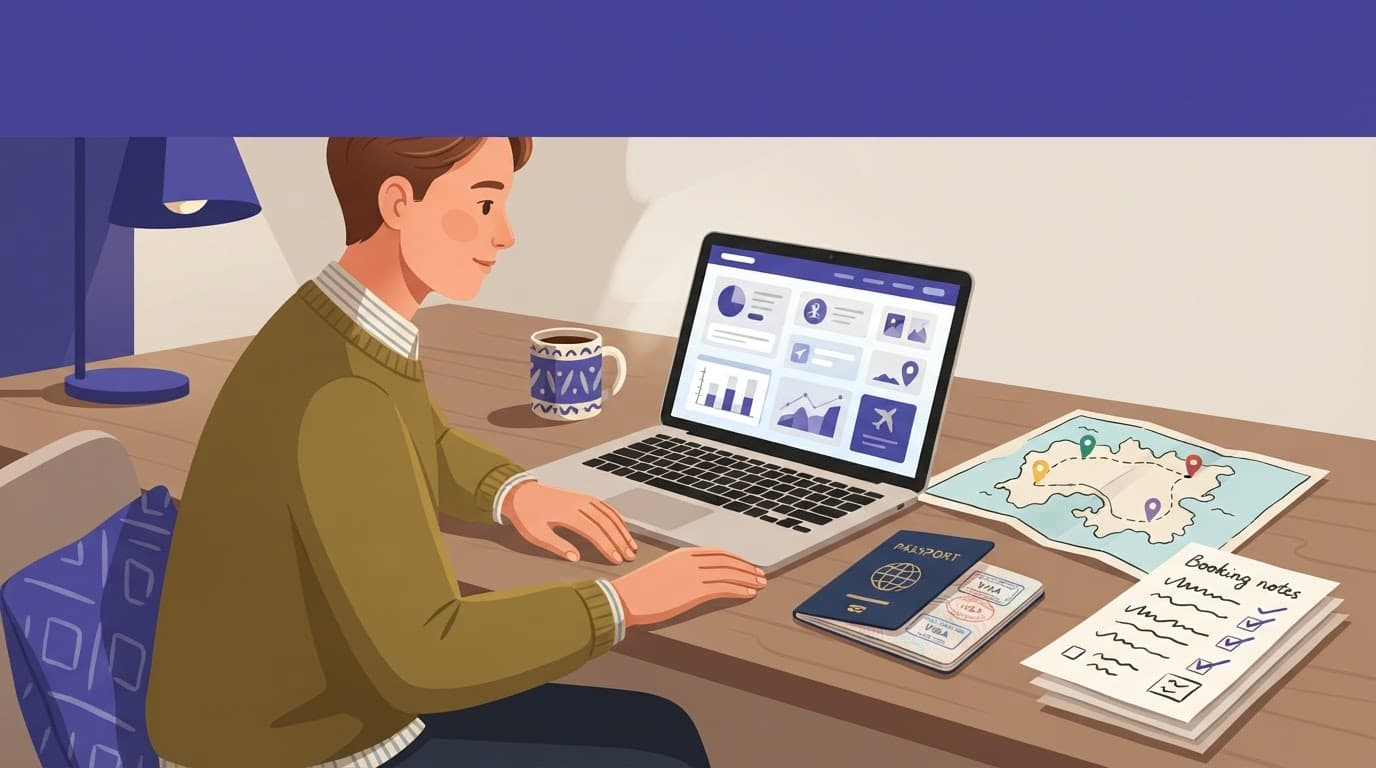 A travel blogger plans content beside a laptop, passport, map, and booking notes.