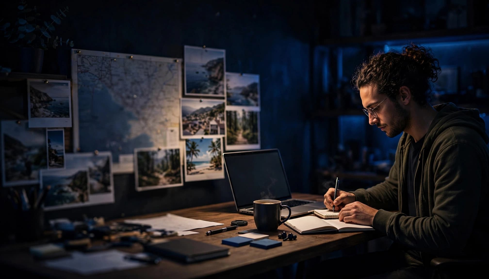 Solo travel creator planning at a desk with a laptop, notebook, coffee, maps, and destination photos.