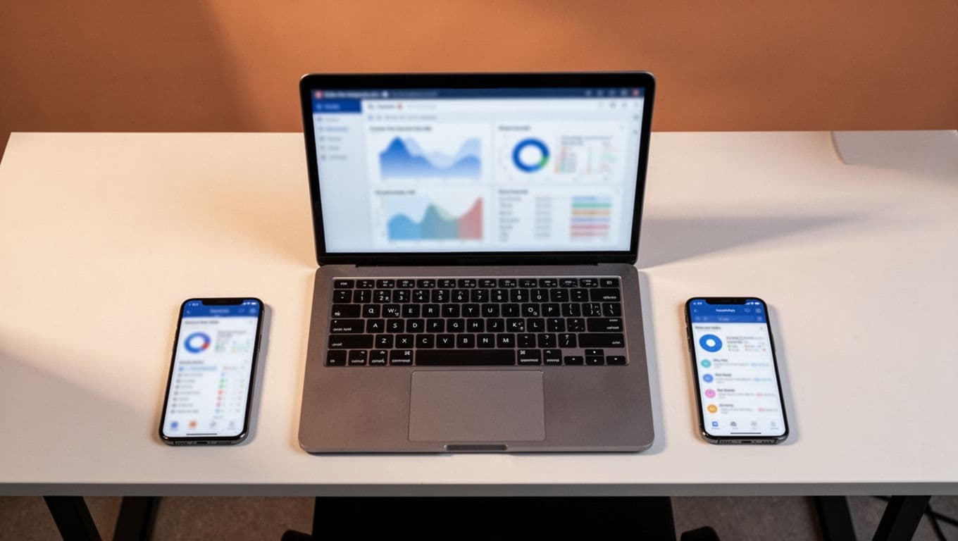 Laptop, phone, notebook, and route map arranged on a tidy desk.