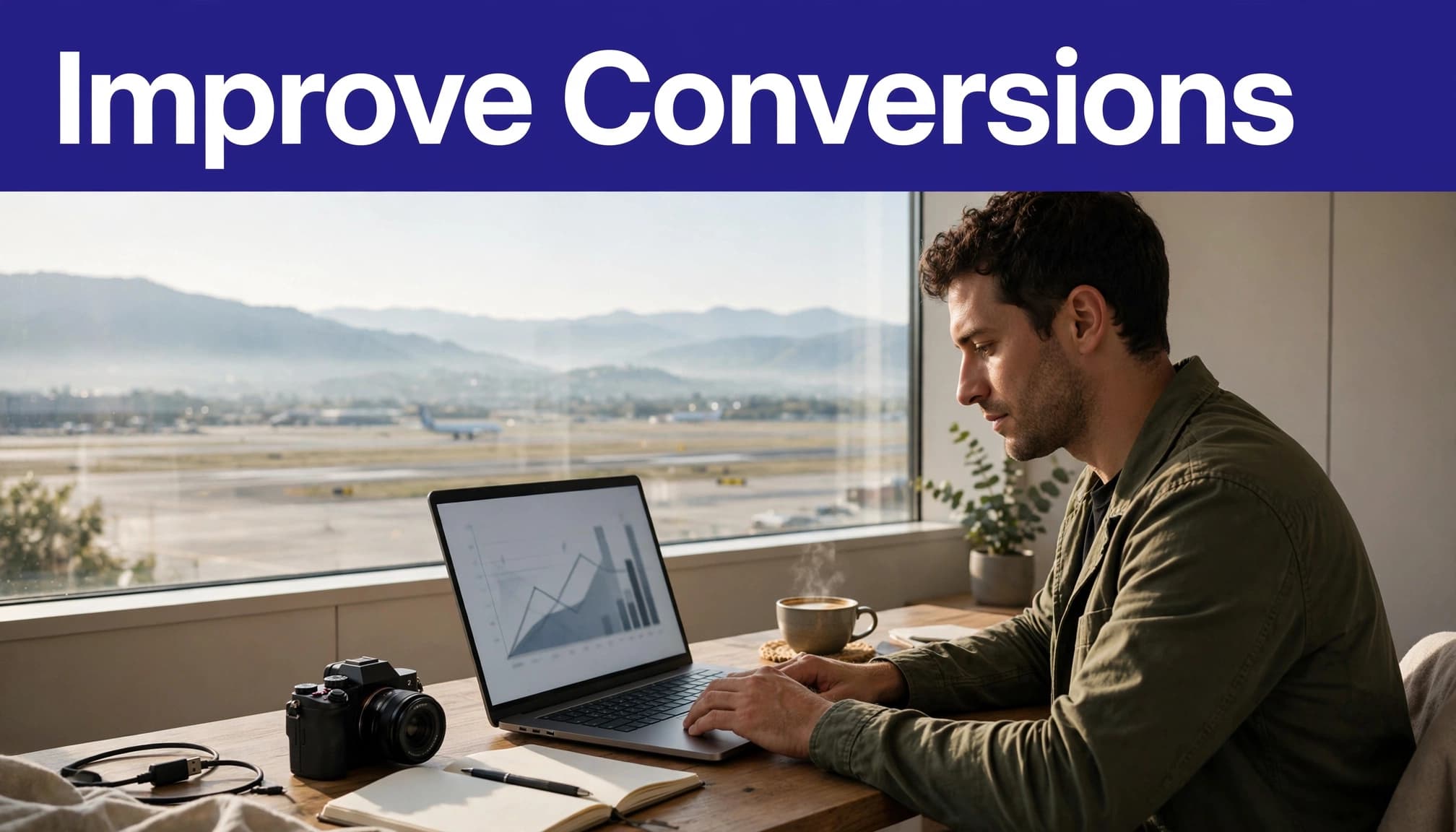 A travel creator reviews a chart beside a camera and coffee near an airport window.