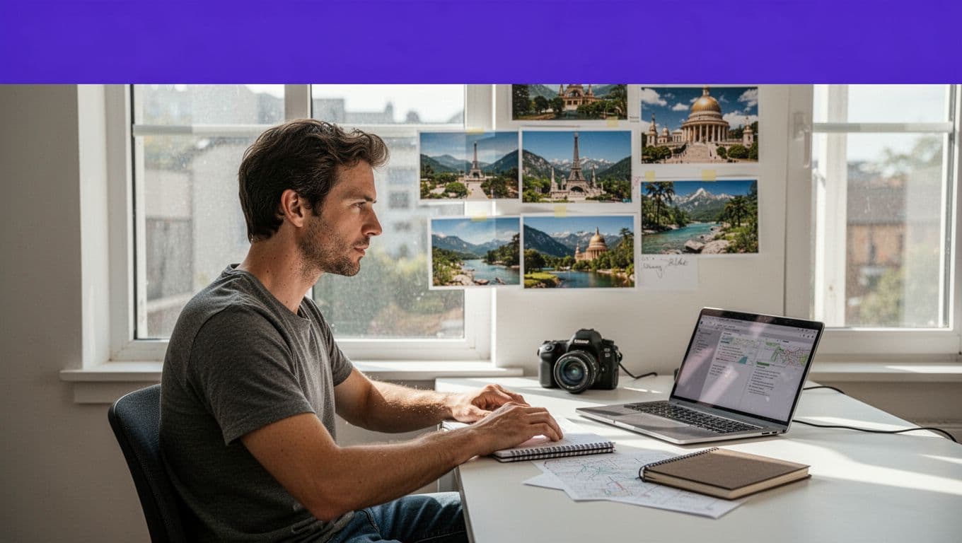 A travel vlogger reviews notes beside a camera and laptop in a bright studio.