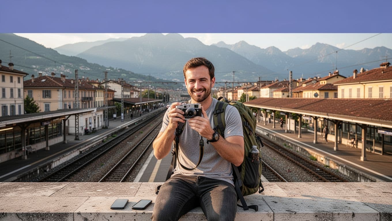 Travel creator filming mountains from a train station overlook with a backpack and phone nearby.