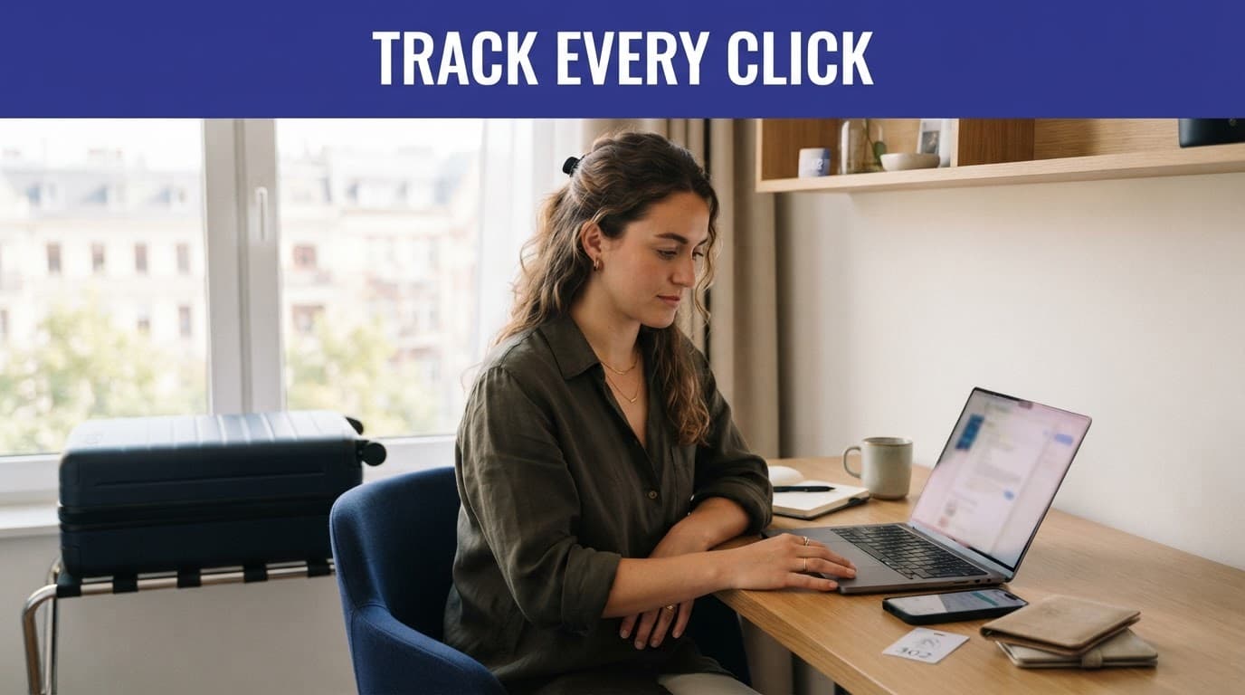 A travel creator checks a laptop and phone beside a suitcase and hotel key card.