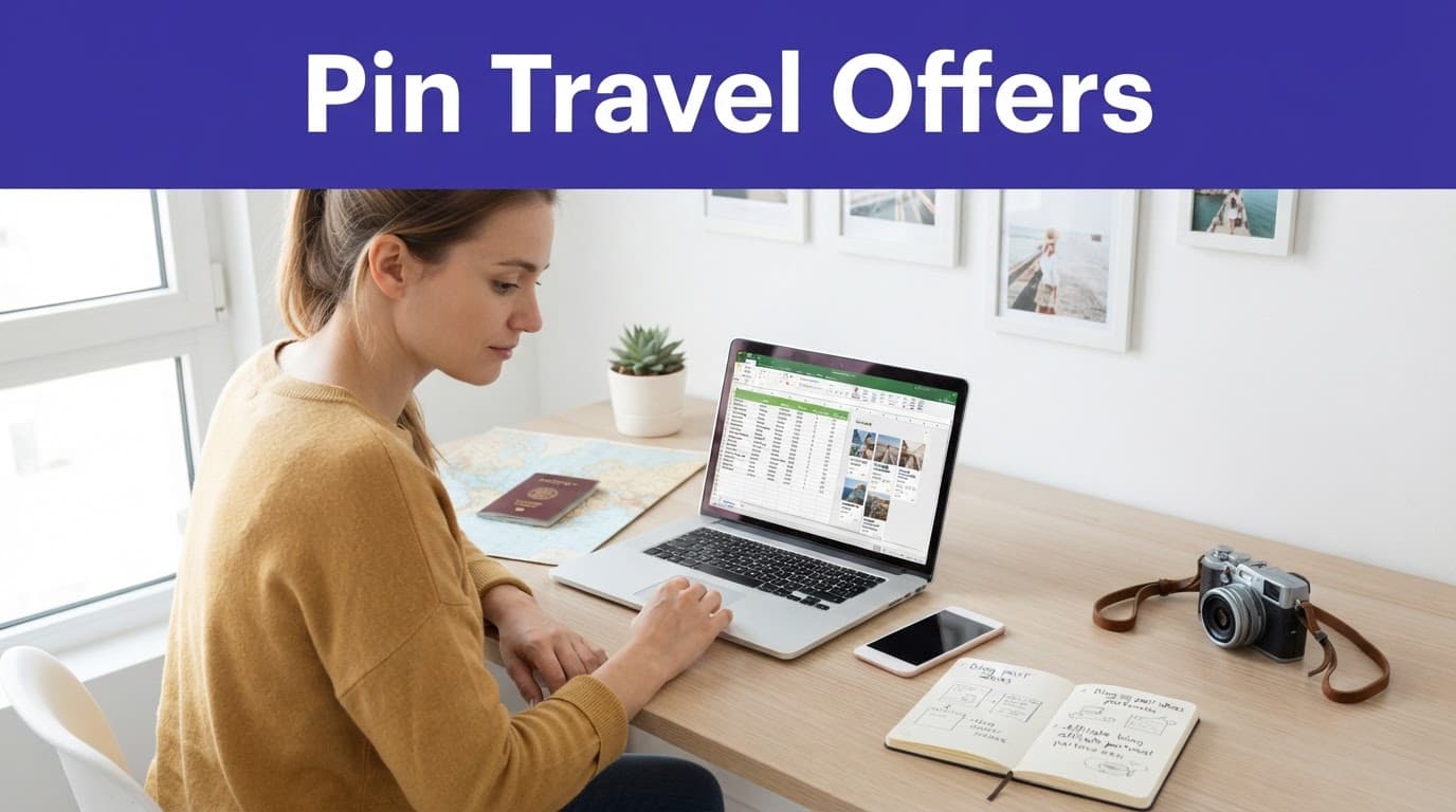 A travel blogger plans content beside a laptop, phone, notebook, map, passport, and camera.