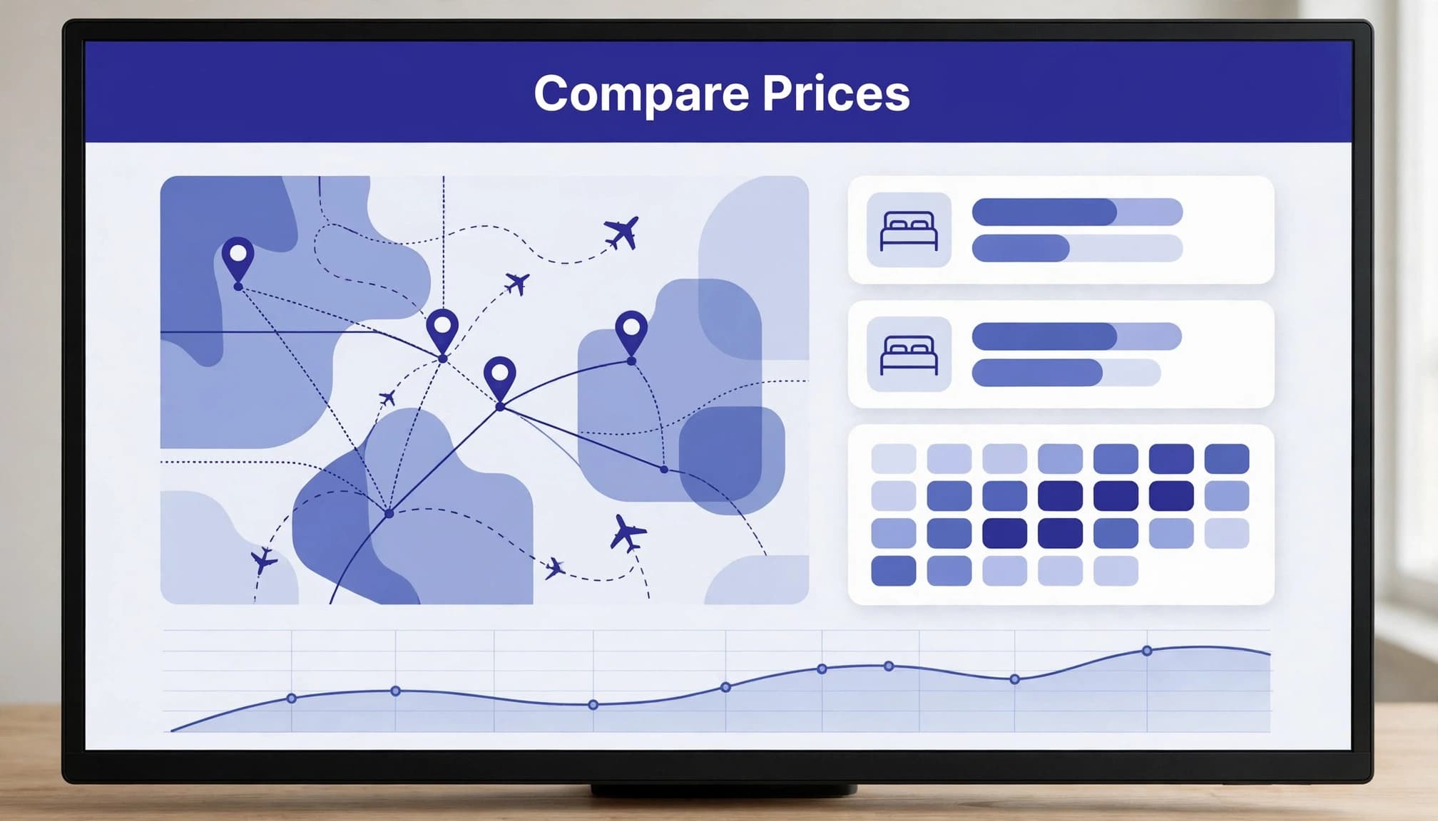 A monitor shows abstract travel routes, hotel cards, calendar blocks, and a price chart.