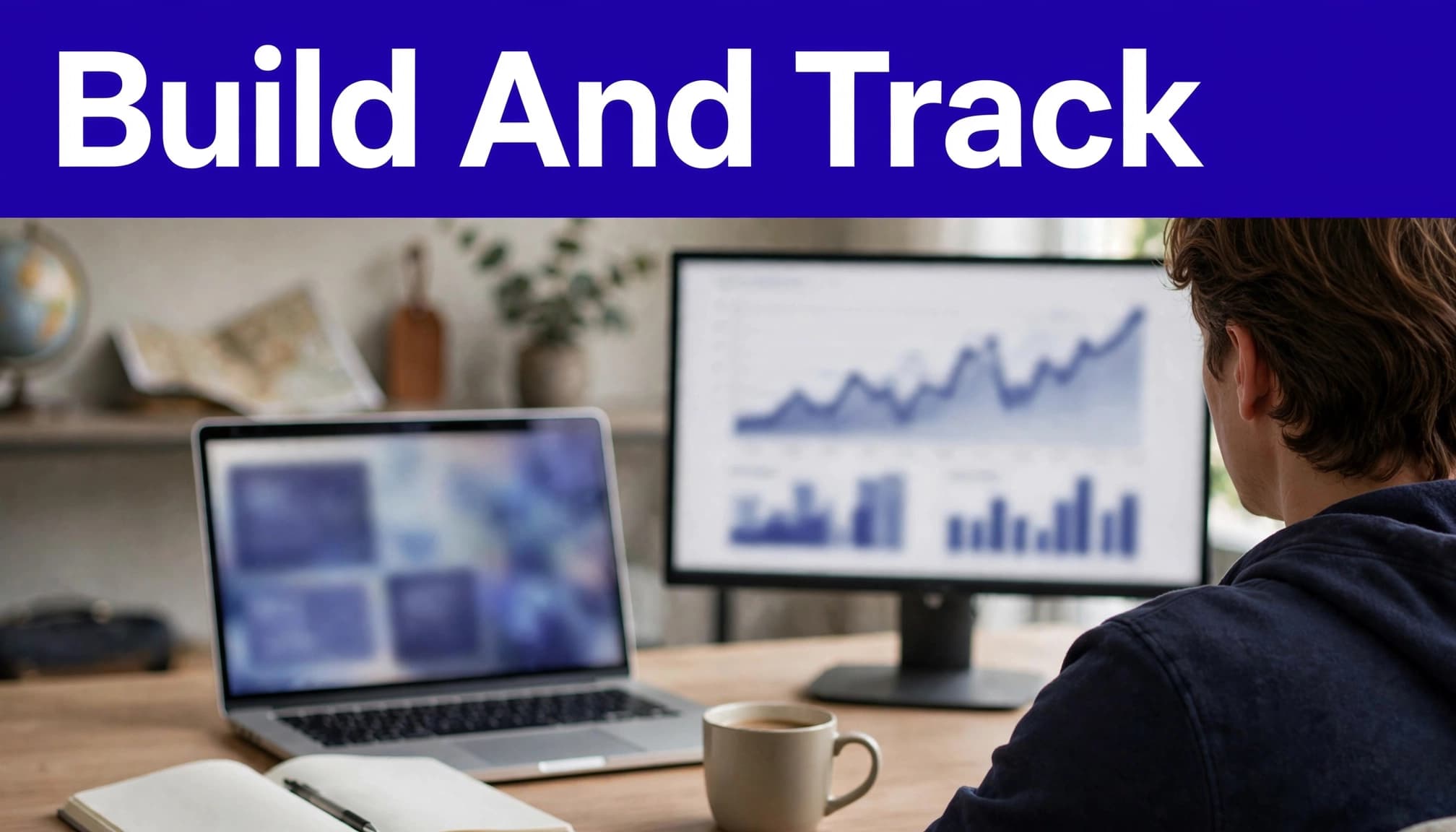 Developer viewing travel search cards and analytics on a laptop and monitor.