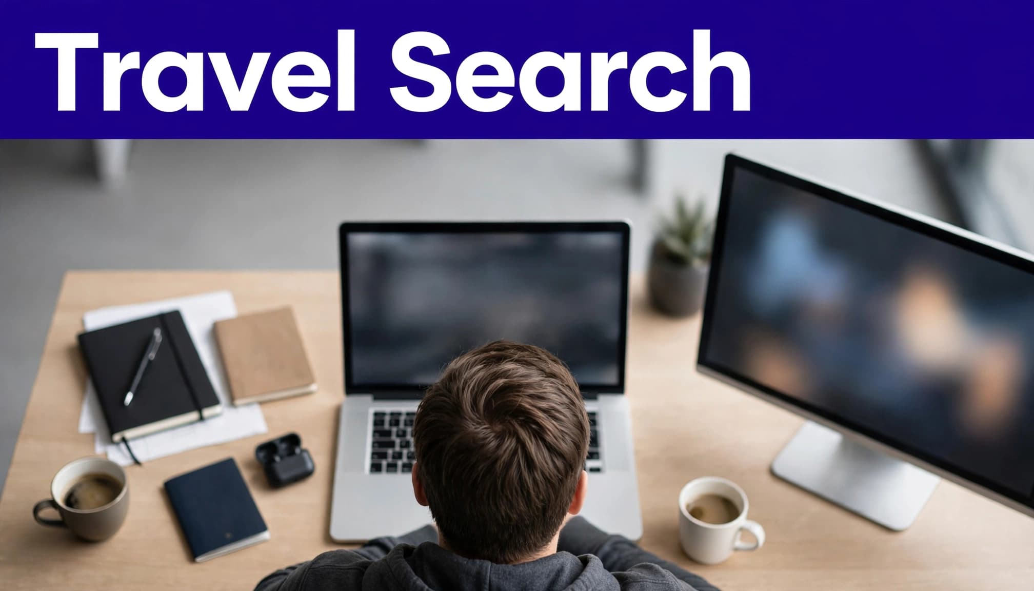 A person plans travel searches on a laptop beside blurred flight results and travel items.