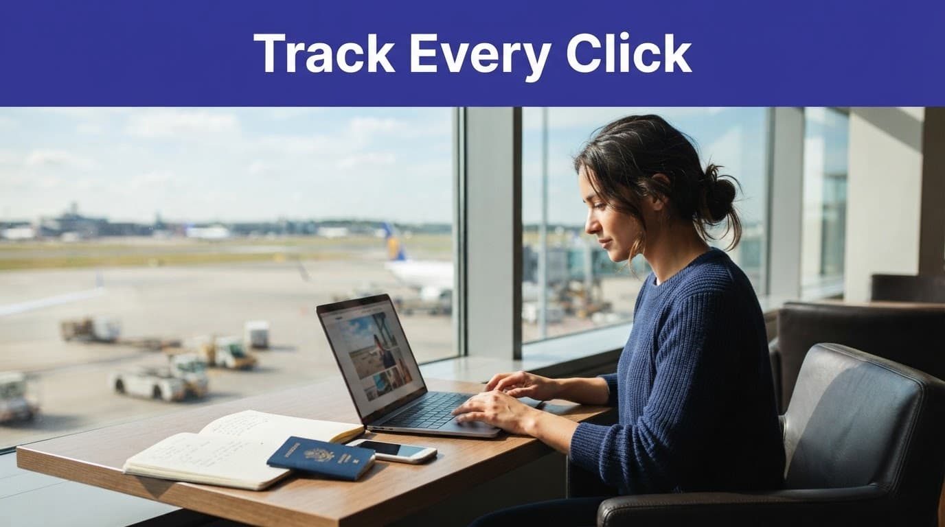 A traveler compares options on a laptop beside a phone, notebook, and passport.